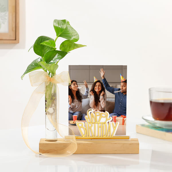 Birthday Joy Personalized Photo Stand With Money Plant