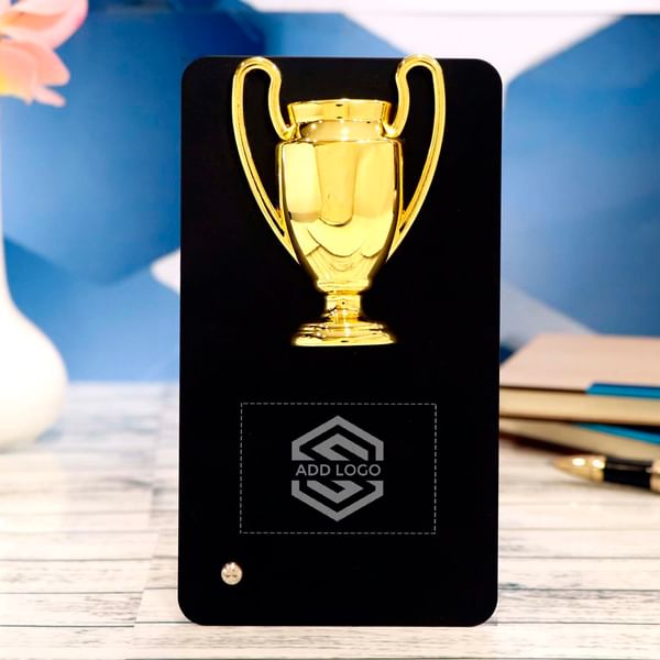 Black And Gold Metal Table Trophy - Customize With Logo
