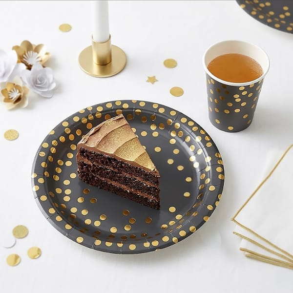 Black & Gold Polka Dot Party Disposable Plate and Glass Set - 20 pcs