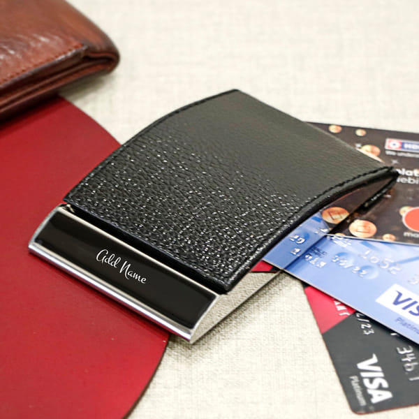 Black Leatherette Card Holder - Customized with Name