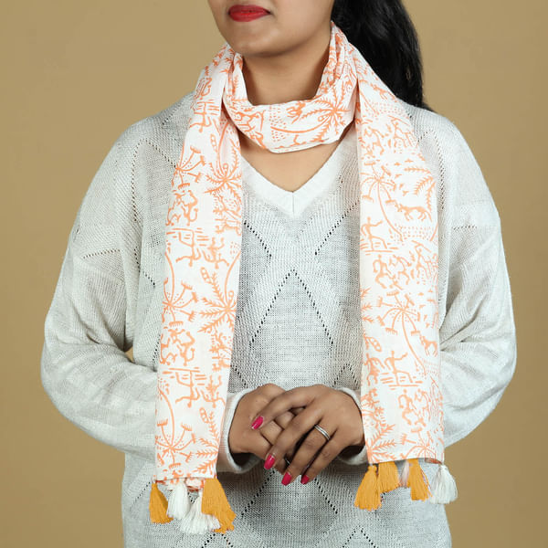 Block Printed Cotton Stole with Tassels