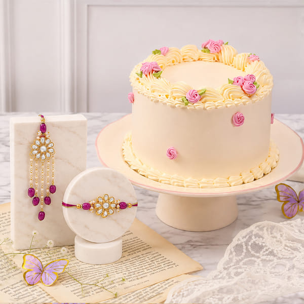 Blossom Floral Bento Cake and Bhaiya Bhabhi Rakhi Combo