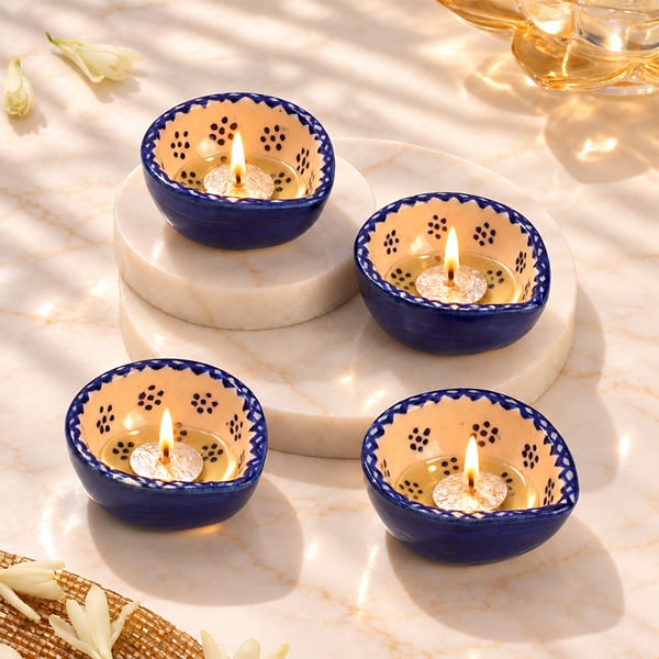 Blue Ceramic Diya - Set of 4
