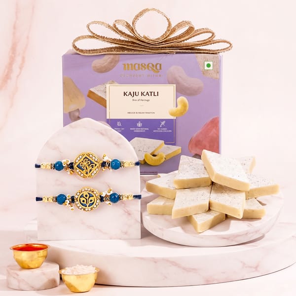 Blue Floral Rakhi and Kaju Katli Combo