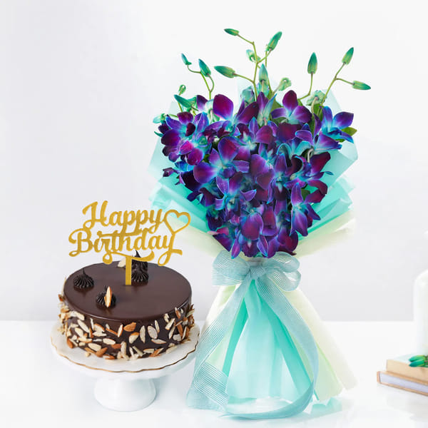 Blue Orchids & Hazelnut Cake Birthday Combo