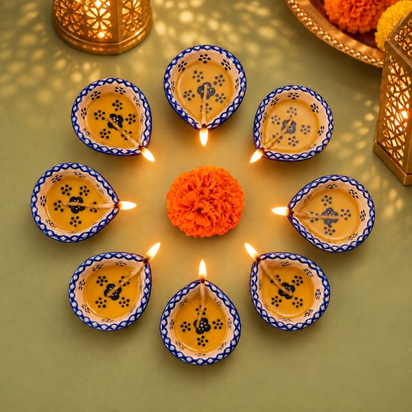 Blue Pottery Ceramic Diwali Diya Set
