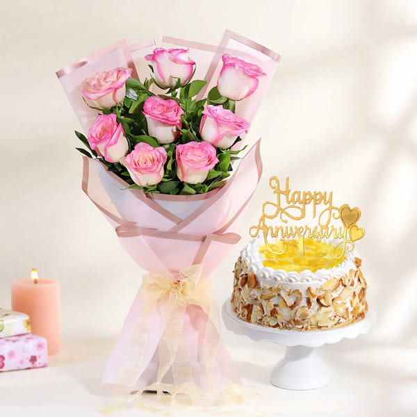 Blush Pink Roses & Pineapple Cake Anniversary Combo