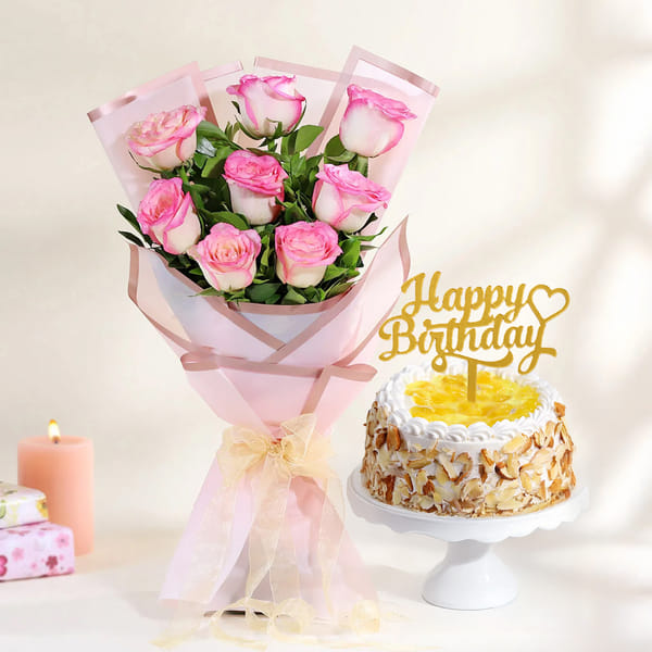 Blush Pink Roses & Pineapple Cake Birthday Combo