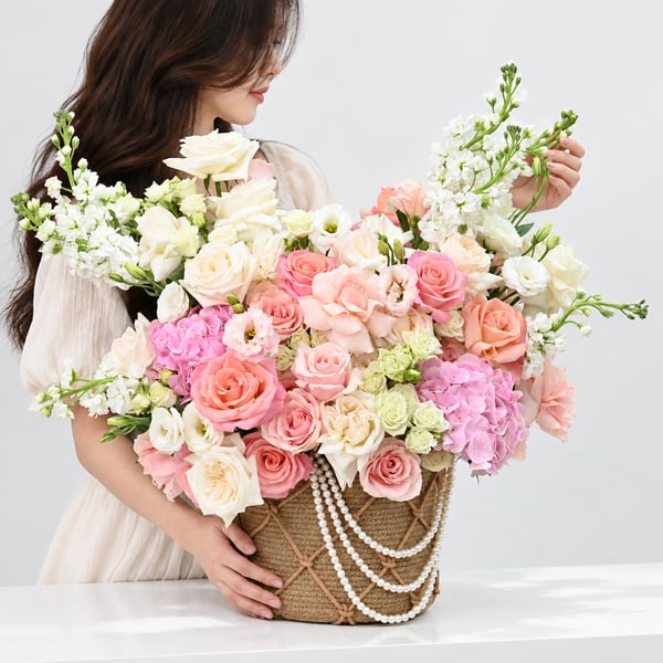 Blushing Elegance Floral Basket