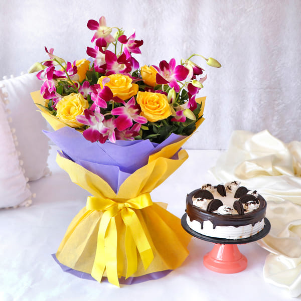 Bouquet of Purple Orchids & Yellow Roses with Oreo Cake