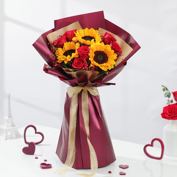 Bright Sunflower And Rose Bouquet