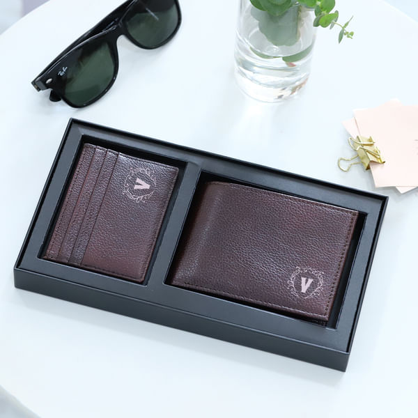 Brown Leather Wallet And Card Holder Set - Personalized