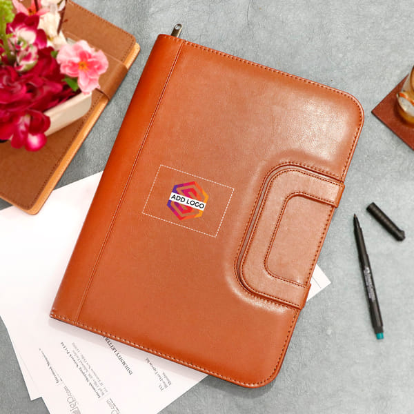 Brown Office Conference Folder with Folding Strap - Customized with Logo & Name