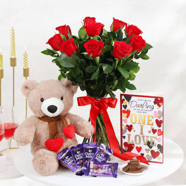 Bunch of 10 Red Roses with Teddy Bear & Assorted Chocolates