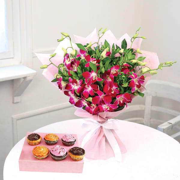 Bunch of 6 Purple Orchids with Cupcakes