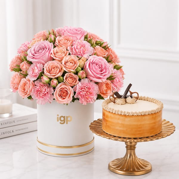Caramel Cake and Pink Floral Arrangement Combo