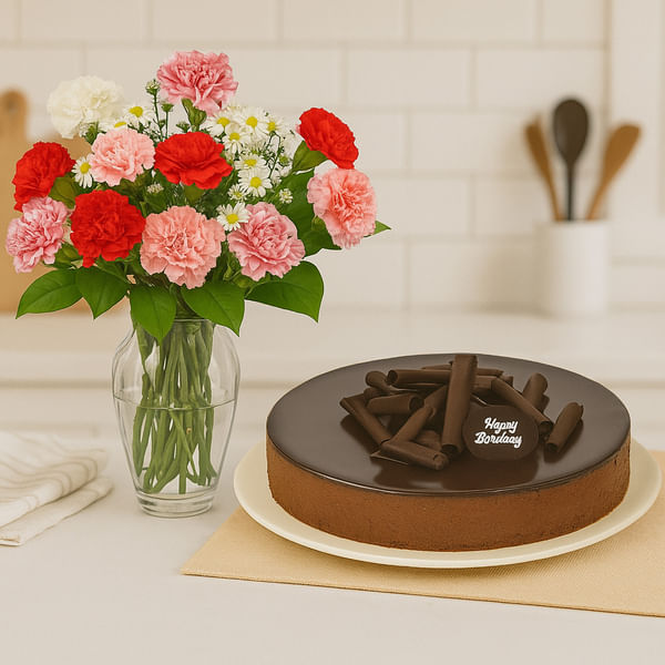 Carnations with chocolate cheesecake