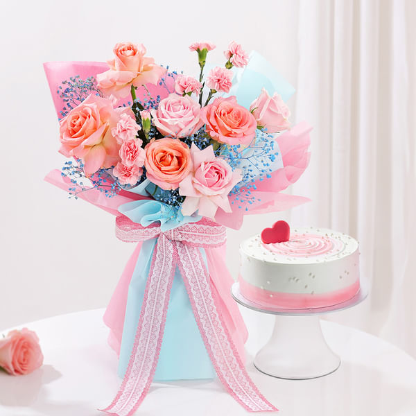 Charming Blooms And Heart Cake Duo