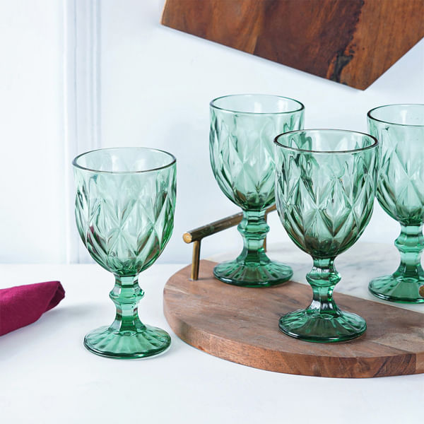 Checked Chalice Wine Goblets - Green - Set Of 4