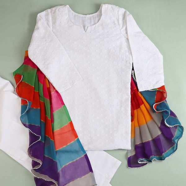 Chikankari Cotton Kurta Pant Set With Leheriya Dupatta