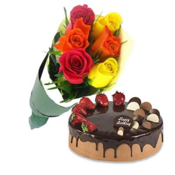 Choco Strawberry Cake And Roses Combo For Valentine's Day