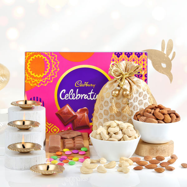 Clay Diya Set with Cadbury Celebrations & Dry Fruits