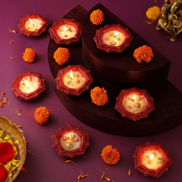 Clay Diyas With Petals - Set Of 8