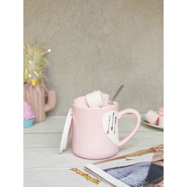 Coffee Mug With Lid And Spoon - Heart - Ceramic - Single Piece
