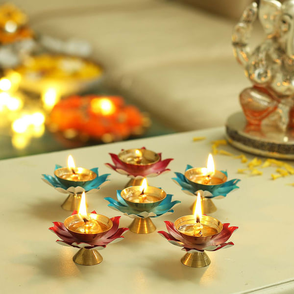 Colorful Flower Shaped Metal Diyas