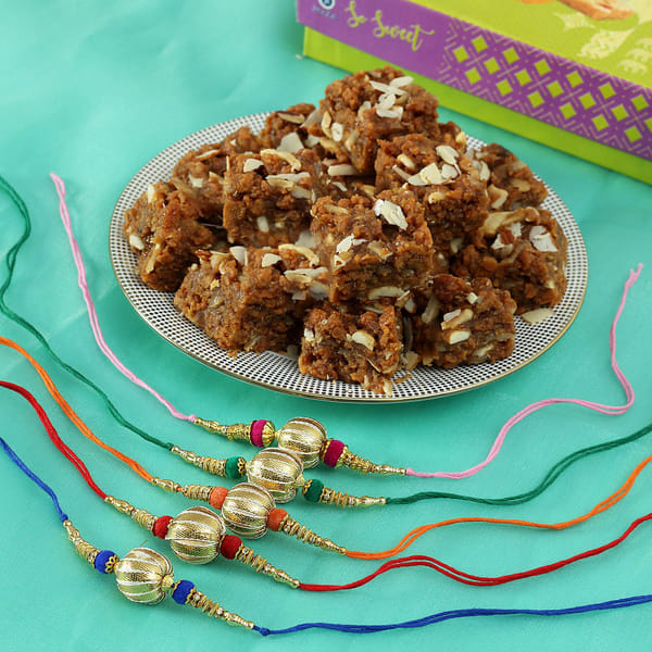 Colorful Velvet Beads and Gota Patti Set of Five Rakhis with Doda Barfi