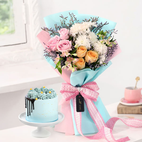 Colourful Blooms And Decadent Cake Combo