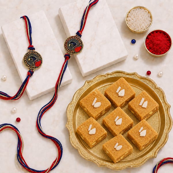Colourful Peacock Rakhi Set with Channa Barfi