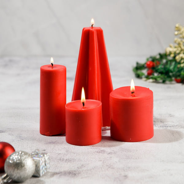 Cranberry Red Christmas Pillar Candles - Set Of 4
