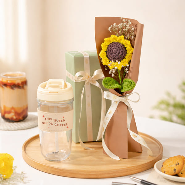 Crochet Sunflower & Glass Sipper Gift Combo