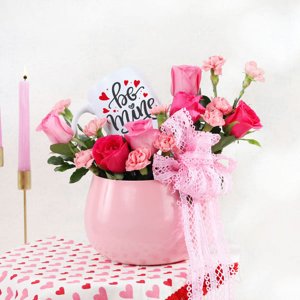 Customized  Mug with Pink Blooms in a Planter