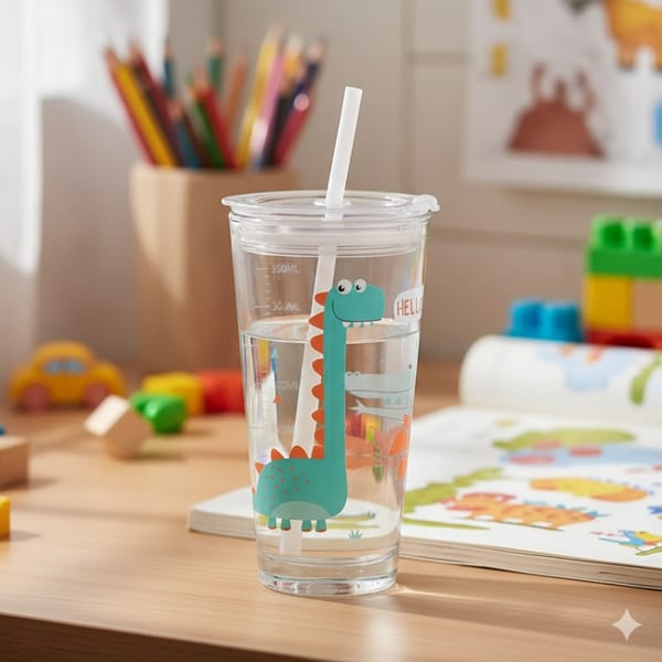 Cute Dinosaur Glass Sipper for Kids with Lid and Reusable Straw