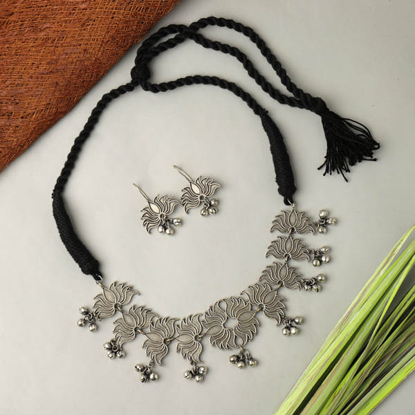 Dainty Lotuses Oxidised Necklace Set