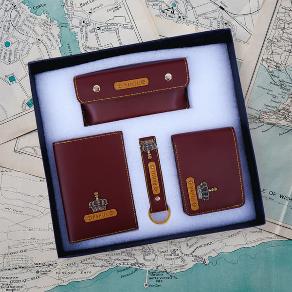 Dark Brown Travel Essentials Hamper For Him Personalized