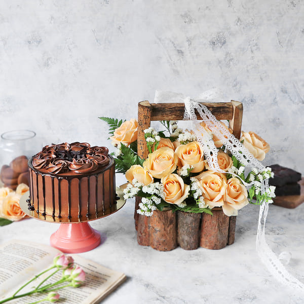 Dark Chocolate Ganache Cake With Basket Of Peach Roses