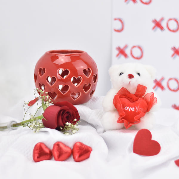 Decorative Vase, Rose, Teddy & Chocolates Hamper