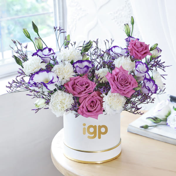 Deep Purple Rose & Carnation Box Arrangement