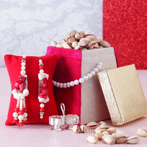 Designer Bhaiya-Bhabhi Rakhi with Velvet Dryfruit Gift Box