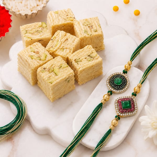 Designer Semi-Precious Stone Rakhi with Soan Papdi