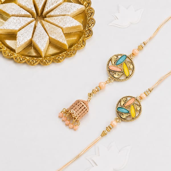 Designer Stone Rakhi Set with Kaju Katli