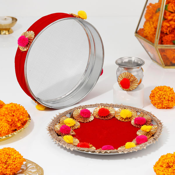 Divine Gota Work Pooja Thali Set For Karwa Chauth
