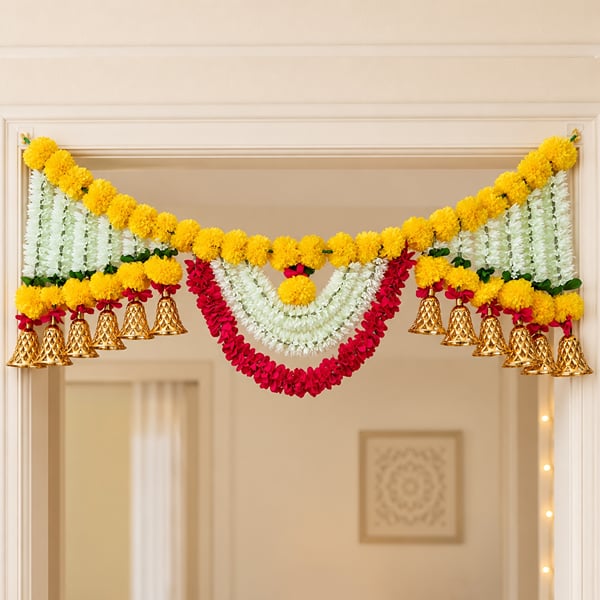 Diwali Marigold Door Toran with Golden Bells