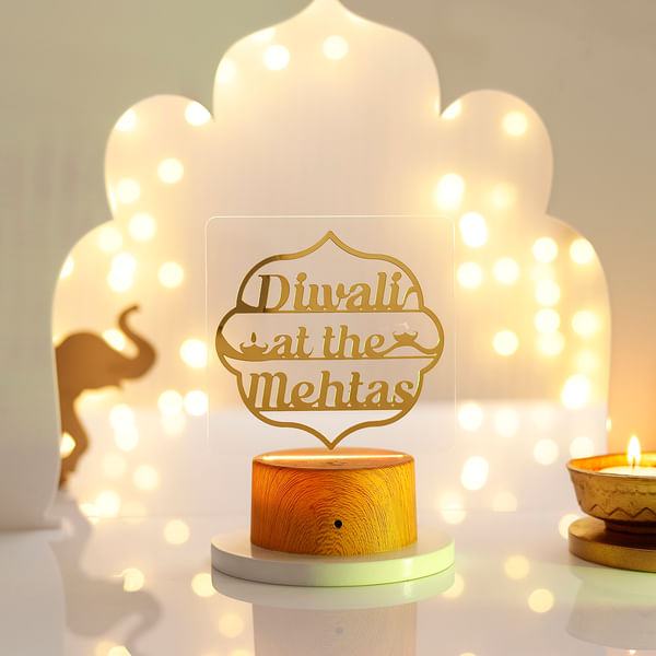 Diwali With Family Personalized LED Lamp With Wooden Base