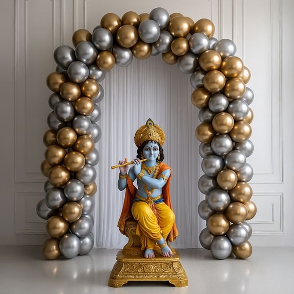 Elegant Golden And Silver Janmashtami Balloon Decor