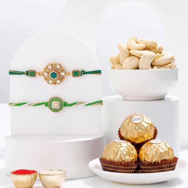 Elegant Green Kundan Rakhis Hamper - Set Of 2