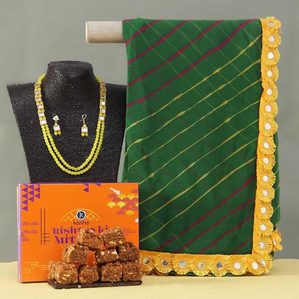Elegant Green Lehariya Saree with Beautiful Necklace Set and Doda Barfi